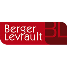 Logo Berger Levrault – Un rectangle avec deux coins opposés arrondis est divisé en deux. À gauche, « Berger Levrault » en lettres d’imprimerie blanches sur fond rouge. À droite, les initiales B et L en rouge sur fond marron.