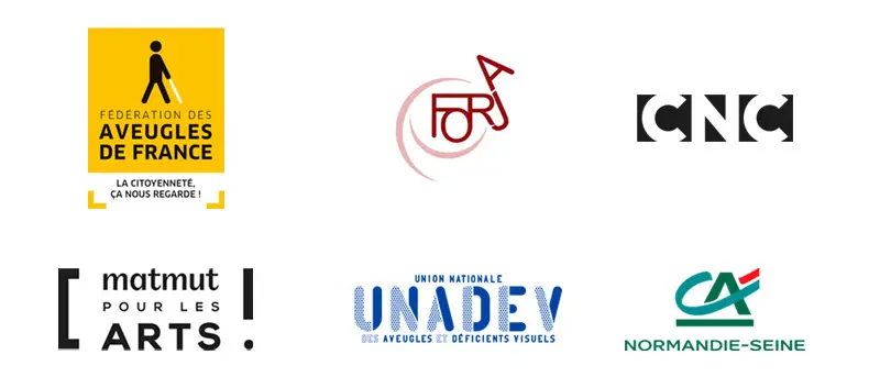 Logo Partenaires La Bavarde : Fédération des aveugles et amblyopes de France, Association Institut FORJA, CNC, Matmut pour les Arts, Unadev et Crédit Agricole Normandie-Seine